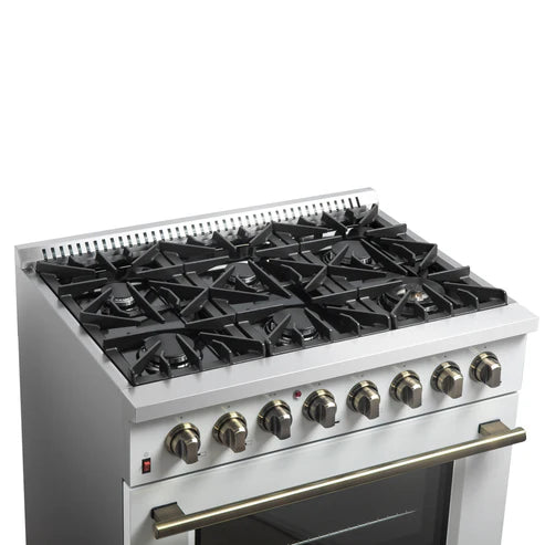 FORNO Galiano 36" 5.36 cu. ft. Dual Fuel Range with 6 Sealed Burners in White with Antique Brass Accents, FFSGS6156-36WHT