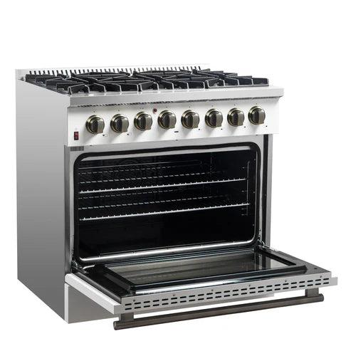 FORNO Galiano 36" 5.36 cu. ft. Dual Fuel Range with 6 Sealed Burners in White with Antique Brass Accents, FFSGS6156-36WHT