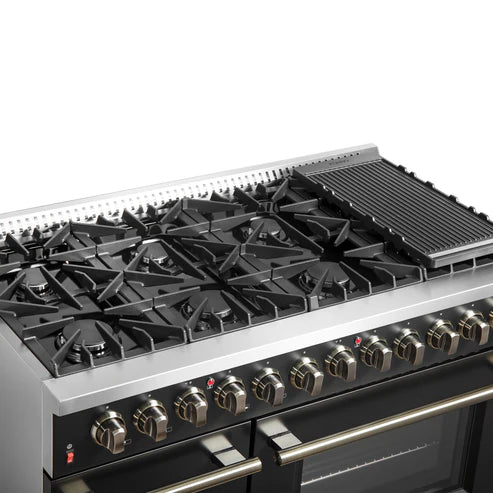 FORNO Galiano 48" 6.58 cu. ft. Dual Fuel Range with 8 Sealed Burners and Griddle in Black with Antique Brass Accents, FFSGS6156-48BLK