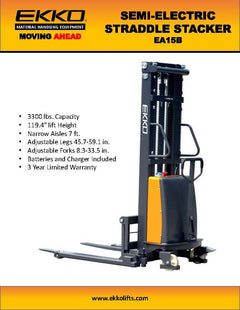 EKKO Lifts EA15B Semi-Electric Straddle Stacker 3,300 lbs Capacity - 119" Height