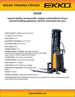 EKKO Lifts EA15B Semi-Electric Straddle Stacker 3,300 lbs Capacity - 119" Height