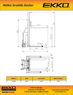 EKKO Lifts EA15B Semi-Electric Straddle Stacker 3,300 lbs Capacity - 119" Height