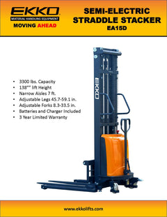 EKKO Lifts EA15D Semi-Electric Straddle Stacker 3300 lbs Capacity - 138" Height