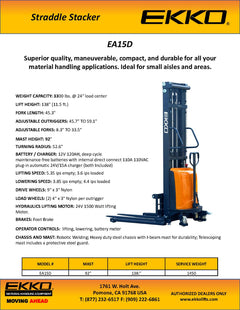 EKKO Lifts EA15D Semi-Electric Straddle Stacker 3300 lbs Capacity - 138" Height