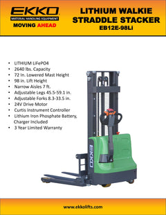 EKKO Lifts EB12E-98Li Electric Straddle Stacker 2,640 lbs Capacity - 98" Height