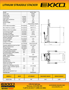 EKKO Lifts EB12E-98Li Electric Straddle Stacker 2,640 lbs Capacity - 98" Height