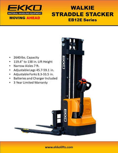 EKKO Lifts Electric Straddle Stacker 2,640 lbs Capacity - 119" and 138" Height EB12E & EB12E-138