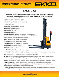 EKKO Lifts Electric Straddle Stacker 2,640 lbs Capacity - 119" and 138" Height EB12E & EB12E-138