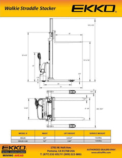 EKKO Lifts Electric Straddle Stacker 2,640 lbs Capacity - 119" and 138" Height EB12E & EB12E-138