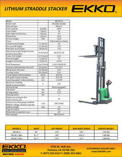 EKKO Lifts EB13E-Li Electric Straddle Stacker 2,800 lbs Capacity - 119" to 145" Height