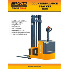 EKKO Lifts EK07S Electric Straddle Stacker 1,550 lbs Capacity - 118" Height