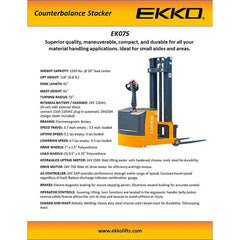 EKKO Lifts EK07S Electric Straddle Stacker 1,550 lbs Capacity - 118" Height