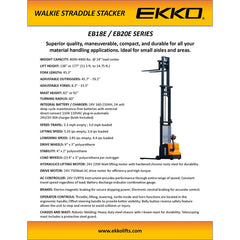 EKKO Full Powered Straddle Stacker 4000 lb Cap., 138" Height EB18E