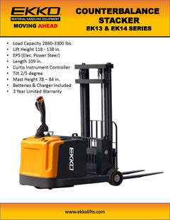 EKKO Lifts EK14 Electric Straddle Stacker Counterbalanced 3300 lbs Capacity - 118" to 138" Height