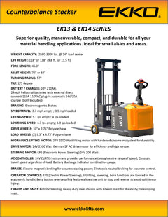 EKKO Lifts EK14 Electric Straddle Stacker Counterbalanced 3300 lbs Capacity - 118" to 138" Height