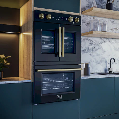 FORNO Asti 30" 7.36 cu. ft. French Door Double Electric Wall Oven with Air Fry, Self-Clean and Sous Vide in Black with Antique Brass Accents, FBOEL1340-30BLK