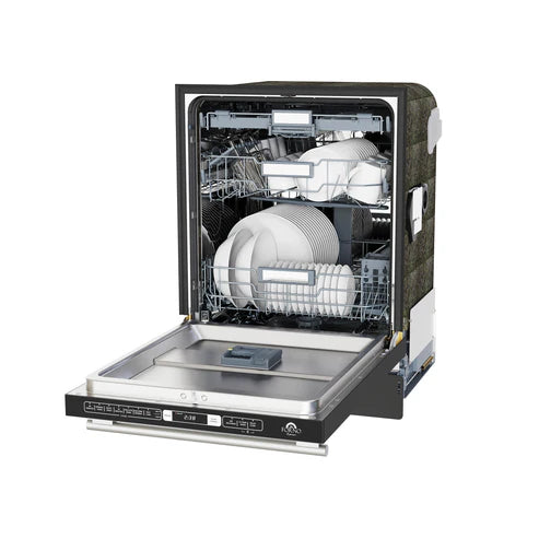 FORNO Espresso Romano 24" Built-In Tall Tub Dishwasher in Black with Antique Brass Handles, FDWBI8035-24BLK