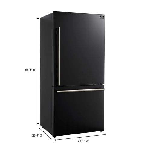 FORNO Espresso Milano 31" 17.2 cu. ft. Right Swing Refrigerator and Bottom Freezer in Black with Antique Brass Handles, FFFFD1785-31BLK