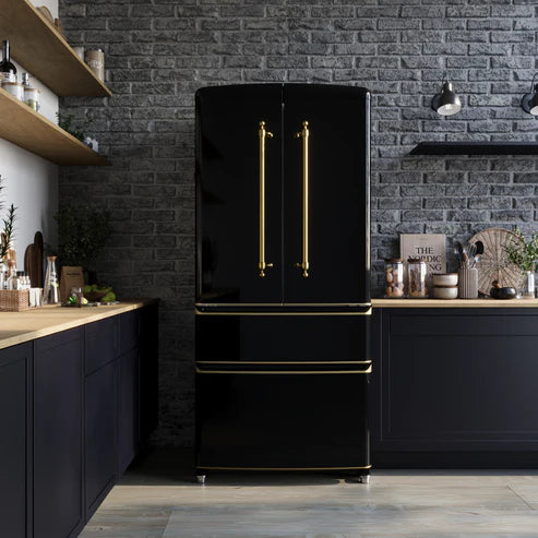 FORNO Espresso Luigi 33" 18 cu. ft. French Door Refrigerator in Black with Antique Brass Handles, FFFFD1791-33BLK