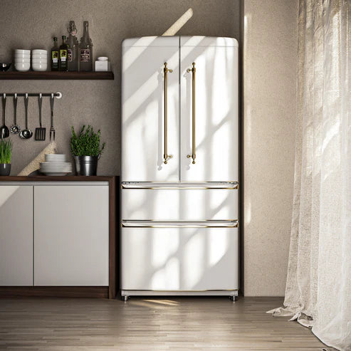 FORNO Espresso Luigi 33" 18 cu. ft. French Door Refrigerator in White with Antique Brass Handles, FFFFD1791-33WHT
