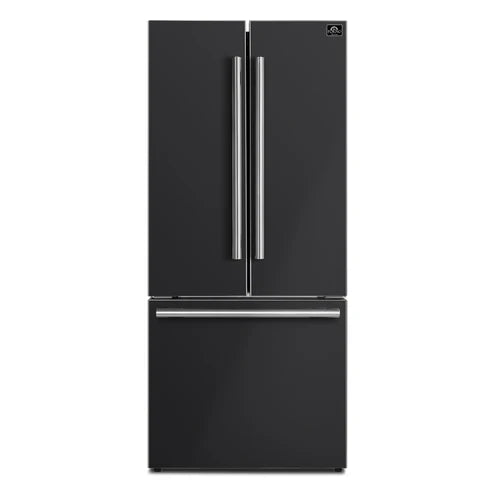 FORNO Espresso Gallipoli 30" 17.5 Cu. Ft. Refrigerator with Ice Maker in Black with Antique Brass Handles, FFFFD1974-31BLK