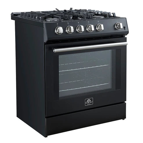 FORNO Espresso Leonardo 30" 5 cu. ft. Gas Range in Black with Antique Brass Handles, FFSGS1116-30BLK