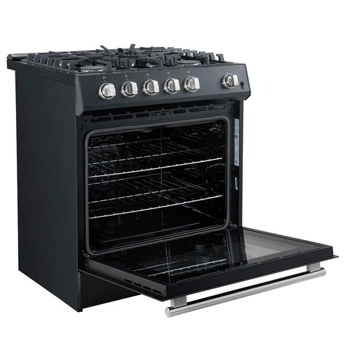 FORNO Espresso Leonardo 30" 5 cu. ft. Gas Range in Black with Antique Brass Handles, FFSGS1116-30BLK
