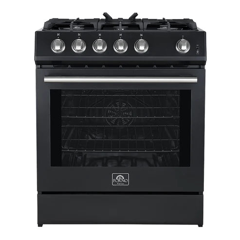 FORNO Espresso Leonardo 30" 5 cu. ft. Gas Range in Black with Silver Handles, FFSGS1116-30BLK