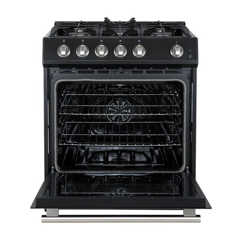 FORNO Espresso Leonardo 30" 5 cu. ft. Gas Range in Black with Antique Brass Handles, FFSGS1116-30BLK