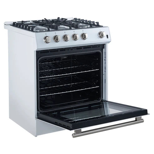 FORNO Espresso Leonardo 30" 5 cu. ft. Gas Range in White with Antique Brass Handles, FFSGS1116-30WHT