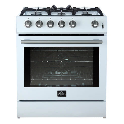 FORNO Espresso Leonardo 30" 5 cu. ft. Gas Range in White with Antique Brass Handles, FFSGS1116-30WHT
