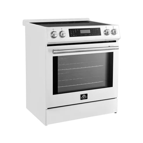 FORNO Espresso Donatello 30" 5 cu. ft. Induction Range with Air Fry and Self-Clean in White and Antique Brass Handles, FFSIN0905-30WHT