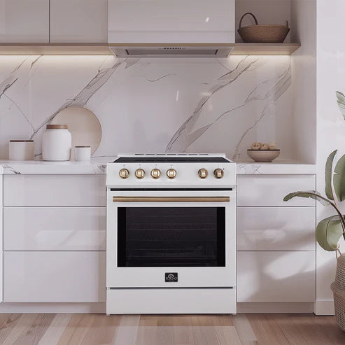 FORNO Espresso Leonardo 30" 5 cu. ft. Induction Range with Knob Control in White and Silver Accents, FFSIN0982-30WHT