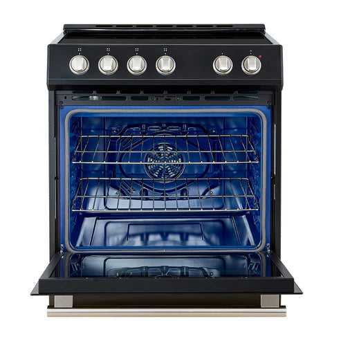 FORNO Espresso Leonardo 30" 5 cu. ft. Induction Range with Knob Control in Black and Antique Brass Accents, FFSIN0982-30BLK