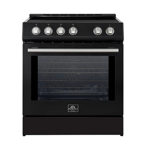 FORNO Espresso Leonardo 30" 5 cu. ft. Induction Range with Knob Control in Black and Antique Brass Accents, FFSIN0982-30BLK
