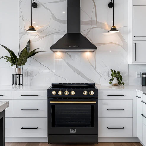 FORNO Espresso Leonardo 30" 5 cu. ft. Induction Range with Knob Control in Black and Antique Brass Accents, FFSIN0982-30BLK