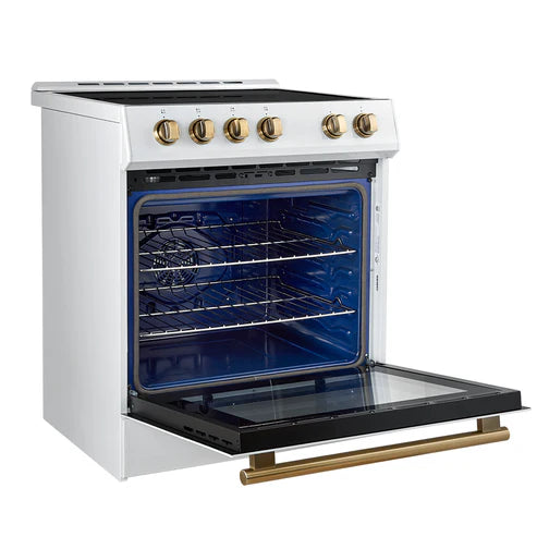 FORNO Espresso Leonardo 30" 5 cu. ft. Induction Range with Knob Control in White and Silver Accents, FFSIN0982-30WHT