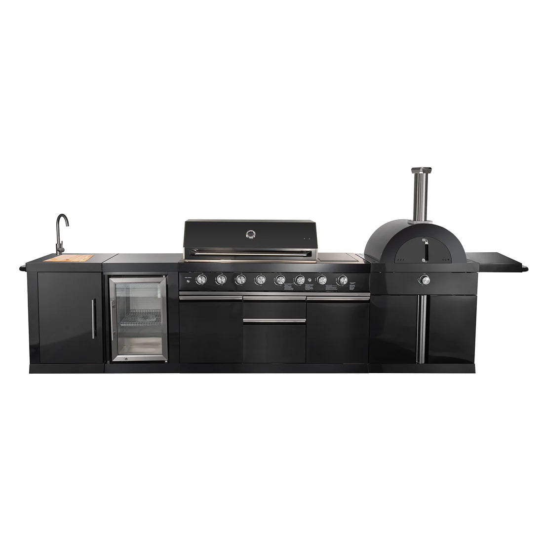 FORNO All’Aperto Outdoor Kitchen Set - 87,600 BTU Gas Grill with 4 Burners + Side Burner, Gas Pizza Oven, Sink Module/Beverage Center with Black Sintered Stone Countertop