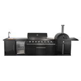 FORNO All’Aperto Outdoor Kitchen Set - 87,600 BTU Gas Grill with 4 Burners + Side Burner, Gas Pizza Oven, Sink Module/Beverage Center with Black Sintered Stone Countertop