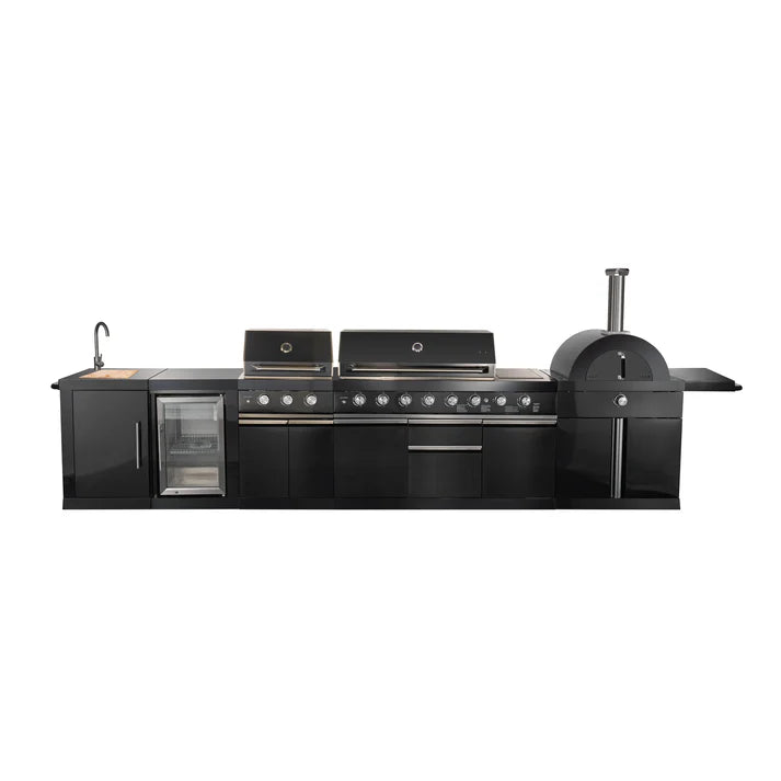 FORNO All’Aperto Outdoor Kitchen Set - 99,600 BTU Gas Grill with 5 Burners + Side Burner, Gas Pizza Oven, Sink Module/Beverage Center with Black Sintered Stone Countertop