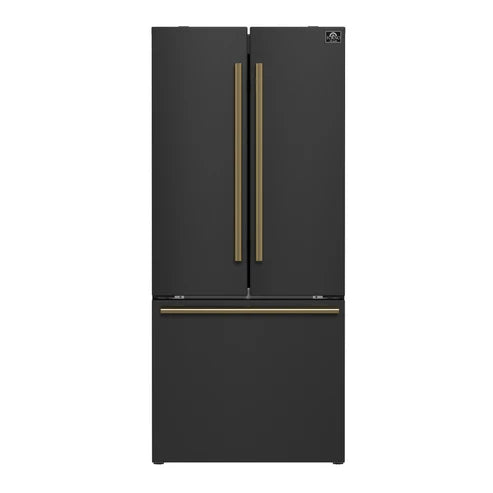 FORNO Espresso Gallipoli 30" 17.5 Cu. Ft. Refrigerator with Ice Maker in Black with Antique Brass Handles, FFFFD1974-31BLK