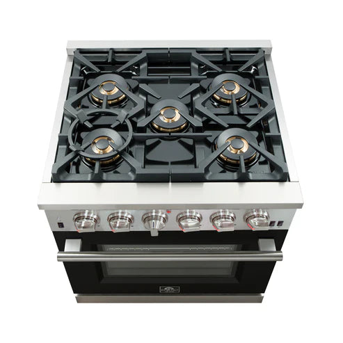 FORNO Capriasca 30″ 4.32 cu. ft. Gas Range with 5 Italian Burners in Black, FFSGS6260-30BLK