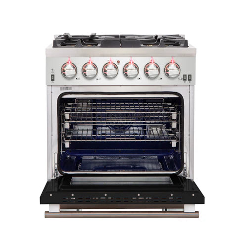 FORNO Capriasca 30″ 4.32 cu. ft. Gas Range with 5 Italian Burners in Black, FFSGS6260-30BLK