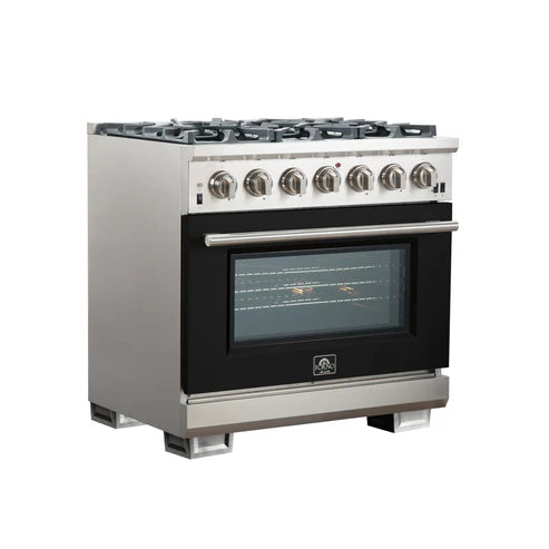 FORNO Capriasca 36" 5.36 cu. ft. Gas Range with 6 Italian Burners in Black, FFSGS6260-36BLK