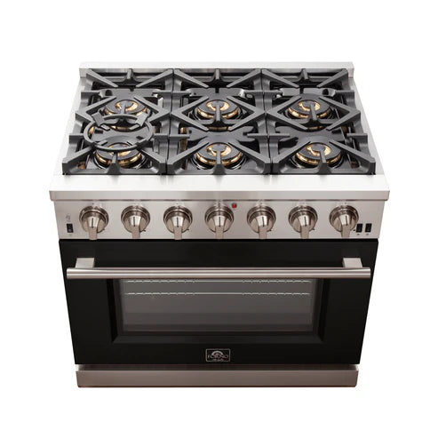 FORNO Capriasca 36" 5.36 cu. ft. Gas Range with 6 Italian Burners in Black, FFSGS6260-36BLK