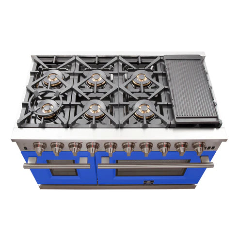 FORNO Capriasca 48″ 6.58 cu. ft. Gas Range with 8 Italian Burners in Blue, FFSGS6260-48BLU