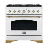 FORNO Antico 36" 4.5 cu. ft. Gas Range with 6 Sealed Burners in White with Antique Brass Accents, FFSGS6219-36WHT