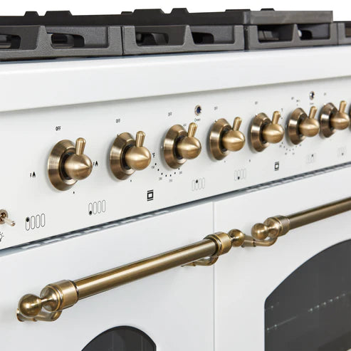 FORNO Antico 48" 5.5 cu. ft. Gas Range with 8 Sealed Burners and Griddle in White with Antique Brass Accents, FFSGS6219-48WHT
