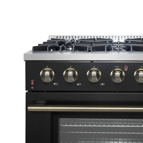 FORNO Galiano 36" 5.36 cu. ft. Gas Range with 6 Sealed Burners in Black with Antique Brass Accents, FFSGS6244-36BLK