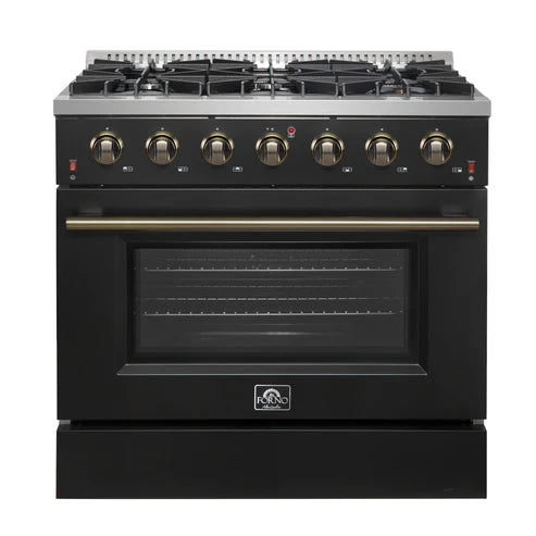 FORNO Galiano 36" 5.36 cu. ft. Gas Range with 6 Sealed Burners in Black with Antique Brass Accents, FFSGS6244-36BLK